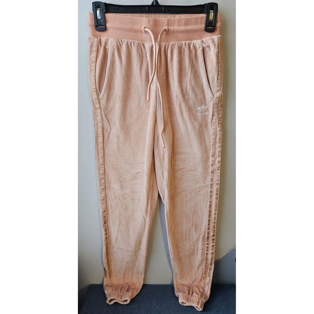 Adidas Originals Women's XS Peach Velvet Jogger Pants‎ 3-Stripe Trefoil Logo
